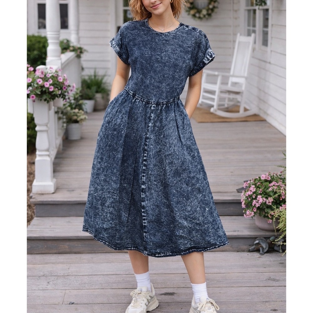Vintage PG Collections Acid Wash Denim Midi Dress‎ Blue 80s USA Cottagecore T2